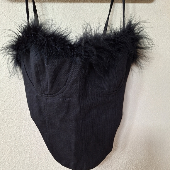 Pretty Little Thing Black Feather Trim Denim Top. Womens size 6 - Picture 1 of 6